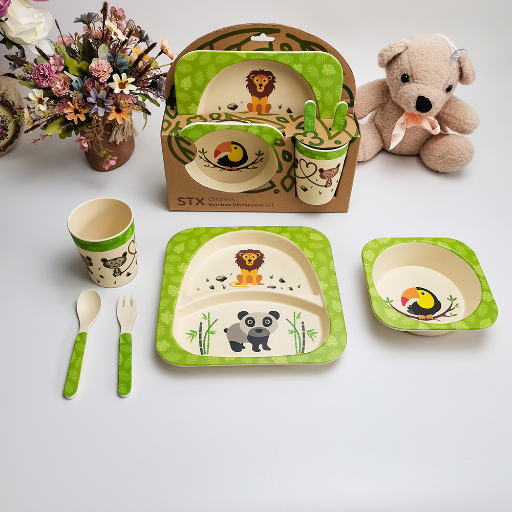 Puer Bamboo Fibre Animal Tableware Set deducto Currus Cum Crater Cup Plate